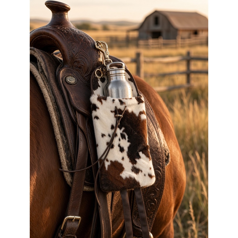 Western Saddle Water Bottle Holder Faux Cowhide Drink Bag Pouch Cow Print